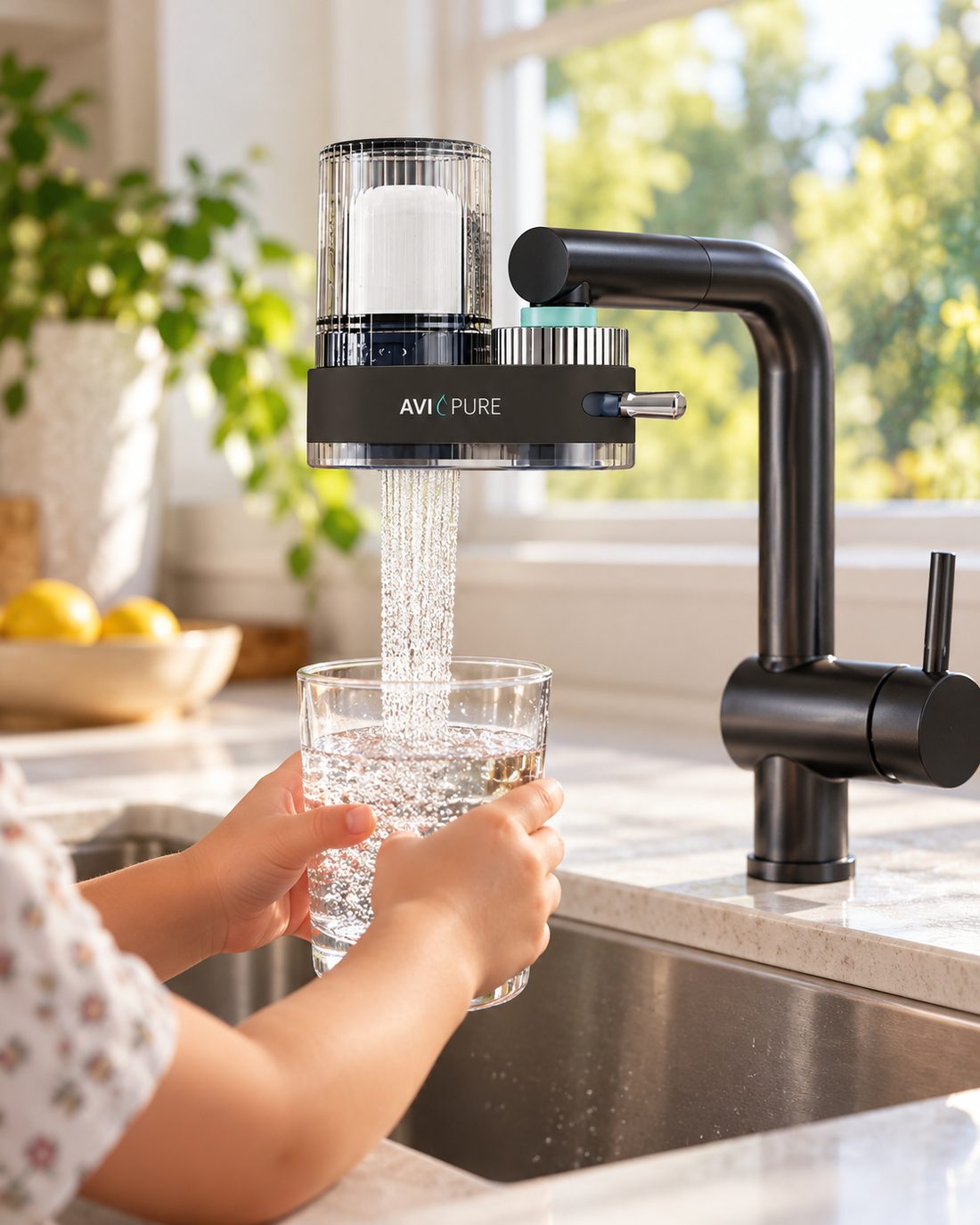 A child holding a glass under the AviaPure filtered stream