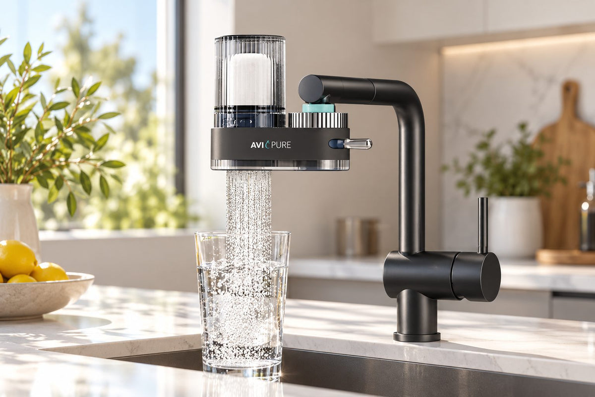 AviaPure filter mounted on a kitchen tap filling a glass