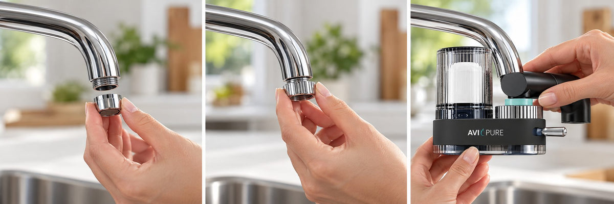 Three steps: unscrew the aerator, fit the adapter, click the filter on